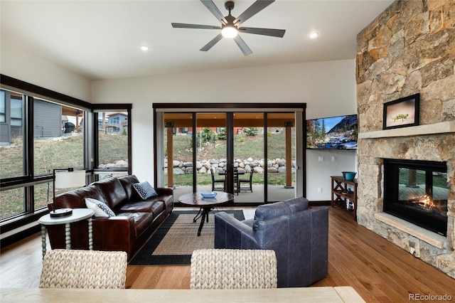 17 Vendette Rd, Silverthorne, CO 80498 - living room with a fireplace, wood finished floors, ceiling fan, and recessed lighting