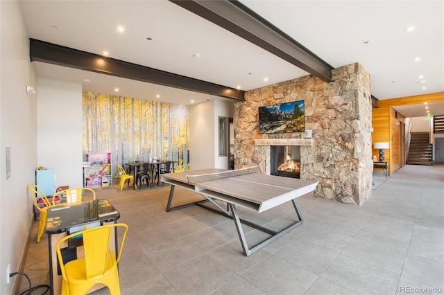 17 Vendette Rd, Silverthorne, CO 80498 - playroom with beamed ceiling, a stone fireplace, and recessed lighting