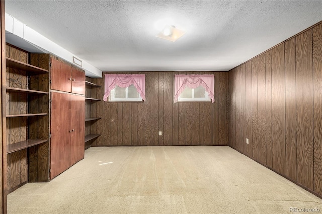 interior space with light carpet, a textured ceiling, and wood walls