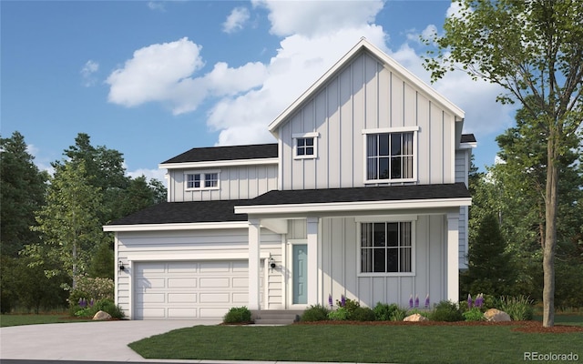 view of front of home with a garage, a front lawn, board and batten siding, and driveway