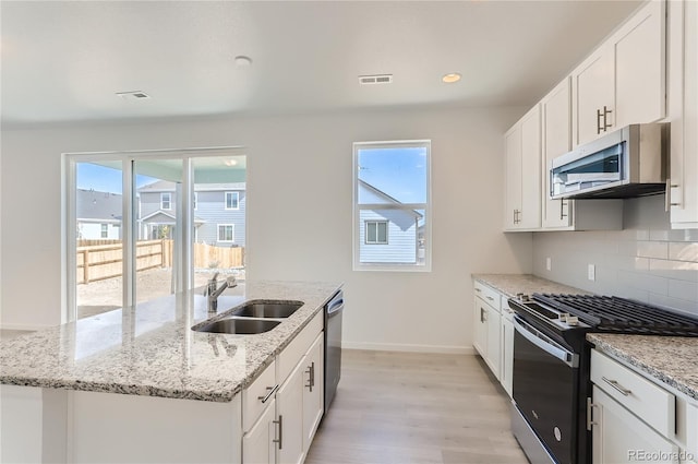 kitchen featuring visible vents, a kitchen island with sink, a sink, tasteful backsplash, and stainless steel appliances