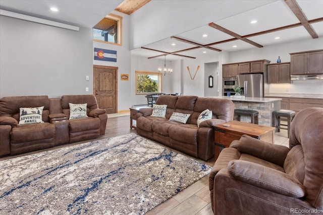 17158 County Road 363, Buena Vista, CO 81211 - living area with light wood-style flooring, a chandelier, beamed ceiling, recessed lighting, and coffered ceiling