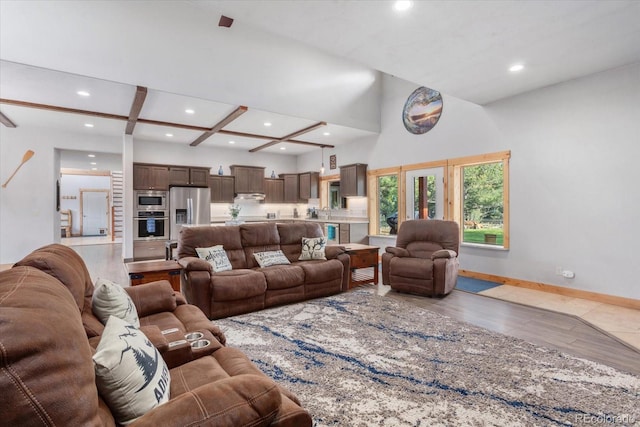 17158 County Road 363, Buena Vista, CO 81211 - living room featuring recessed lighting, baseboards, wood finished floors, and beamed ceiling