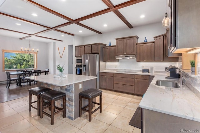 17158 County Road 363, Buena Vista, CO 81211 - kitchen featuring under cabinet range hood, a sink, backsplash, appliances with stainless steel finishes, and light stone countertops