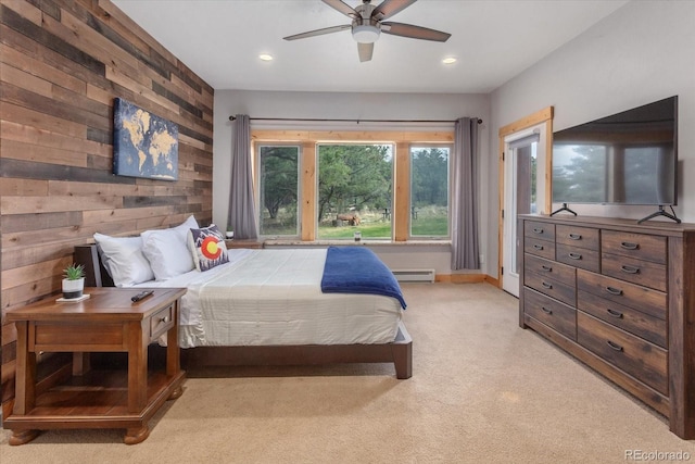 17158 County Road 363, Buena Vista, CO 81211 - bedroom featuring wood walls, a baseboard radiator, light colored carpet, recessed lighting, and ceiling fan