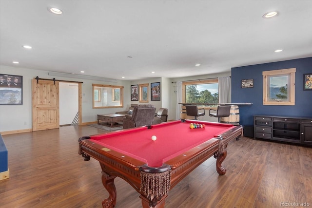 17158 County Road 363, Buena Vista, CO 81211 - playroom featuring recessed lighting, a barn door, wood finished floors, billiards, and baseboards