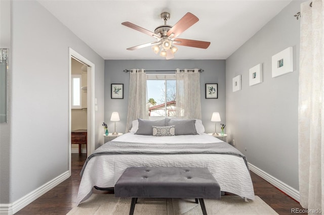 bedroom featuring wood finished floors, baseboards, and ceiling fan