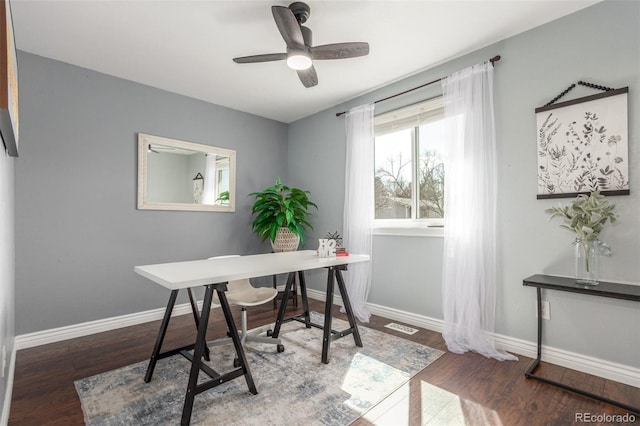 office space featuring ceiling fan, visible vents, baseboards, and wood finished floors