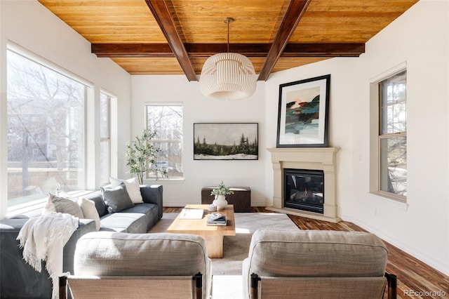 living area with wood finished floors, plenty of natural light, a glass covered fireplace, and wood ceiling