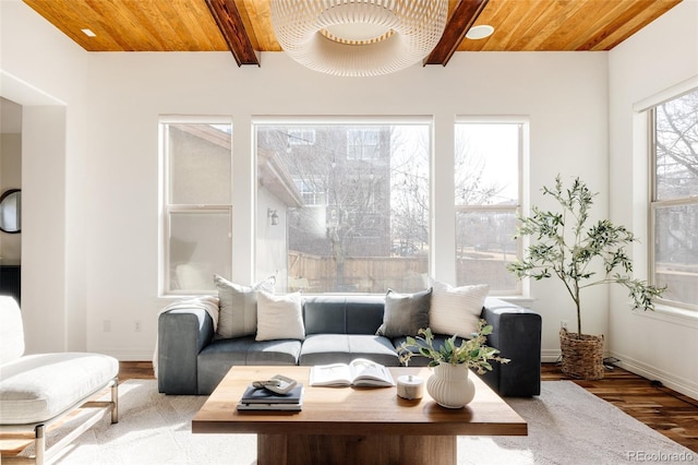 sunroom featuring wood ceiling and beam ceiling