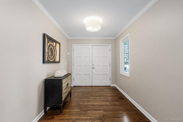 172 S Forest St, Denver, CO 80246 - entrance foyer with ornamental molding, dark wood-style flooring, and baseboards