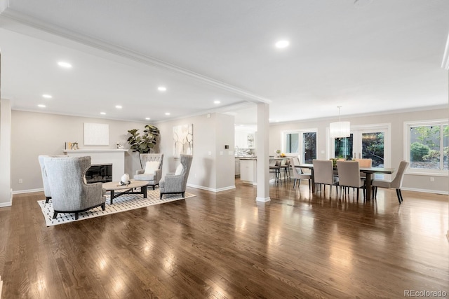 172 S Forest St, Denver, CO 80246 - living area with ornamental molding, baseboards, wood finished floors, recessed lighting, and a glass covered fireplace