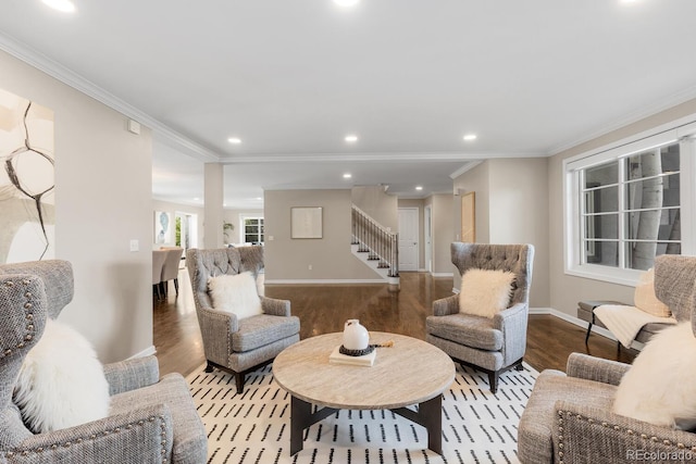 172 S Forest St, Denver, CO 80246 - living room featuring stairway, wood finished floors, recessed lighting, crown molding, and baseboards
