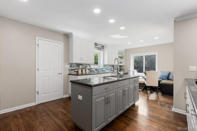 172 S Forest St, Denver, CO 80246 - kitchen with tasteful backsplash, white cabinetry, a sink, recessed lighting, and dark wood-style floors