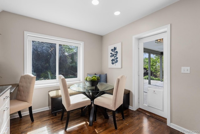 172 S Forest St, Denver, CO 80246 - dining area with baseboards, dark wood-style flooring, and recessed lighting