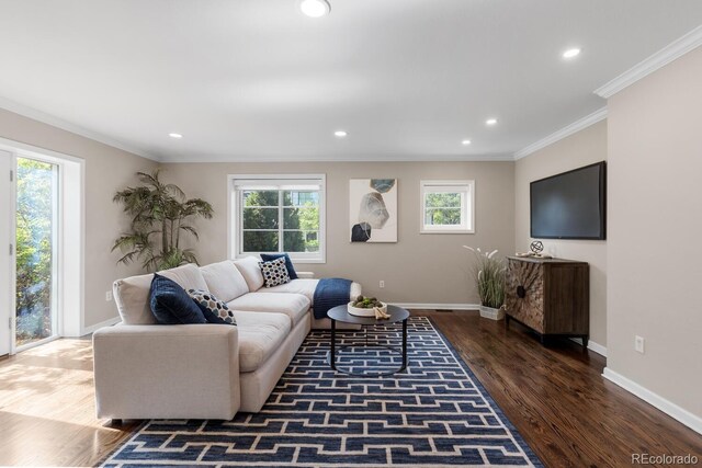 172 S Forest St, Denver, CO 80246 - living room with wood finished floors, baseboards, recessed lighting, and ornamental molding