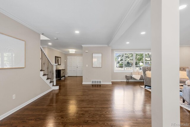 172 S Forest St, Denver, CO 80246 - living room with ornamental molding, stairs, dark wood finished floors, recessed lighting, and baseboards