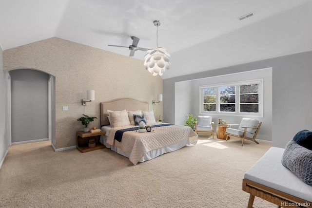 172 S Forest St, Denver, CO 80246 - carpeted bedroom featuring vaulted ceiling, a ceiling fan, and arched walkways