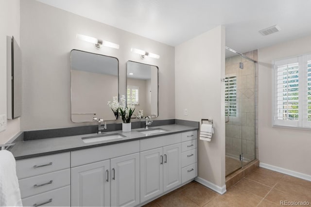172 S Forest St, Denver, CO 80246 - full bath featuring tile patterned flooring, a stall shower, double vanity, and baseboards