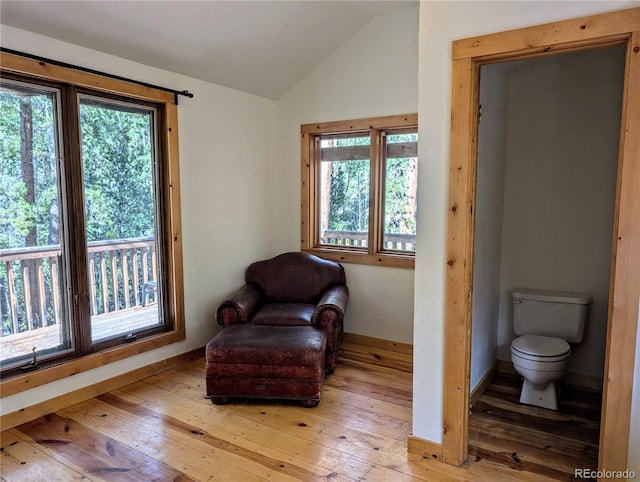 sitting room with a healthy amount of sunlight, vaulted ceiling, and light hardwood / wood-style floors