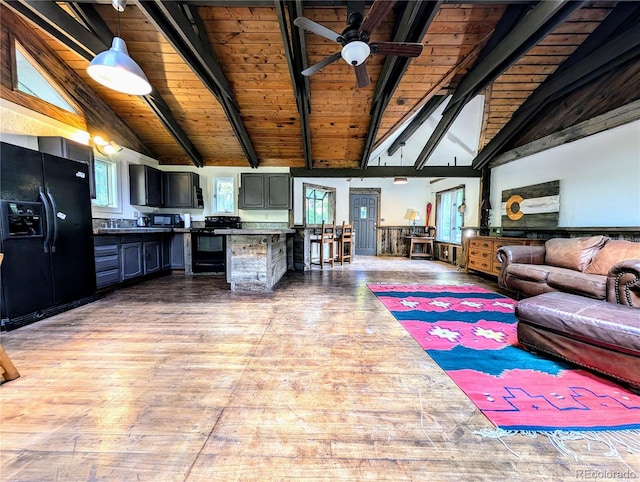 living room with light hardwood / wood-style floors, wood ceiling, vaulted ceiling with beams, and ceiling fan