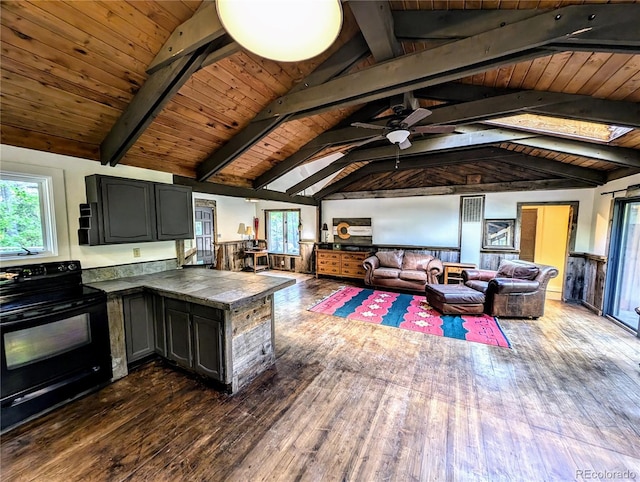 kitchen with black / electric stove, lofted ceiling with beams, dark wood-type flooring, and wooden ceiling