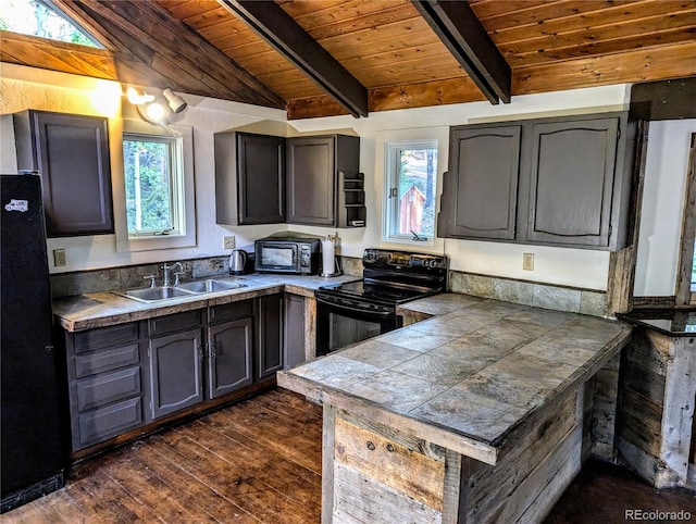 kitchen with plenty of natural light, dark hardwood / wood-style flooring, sink, black appliances, and vaulted ceiling with beams