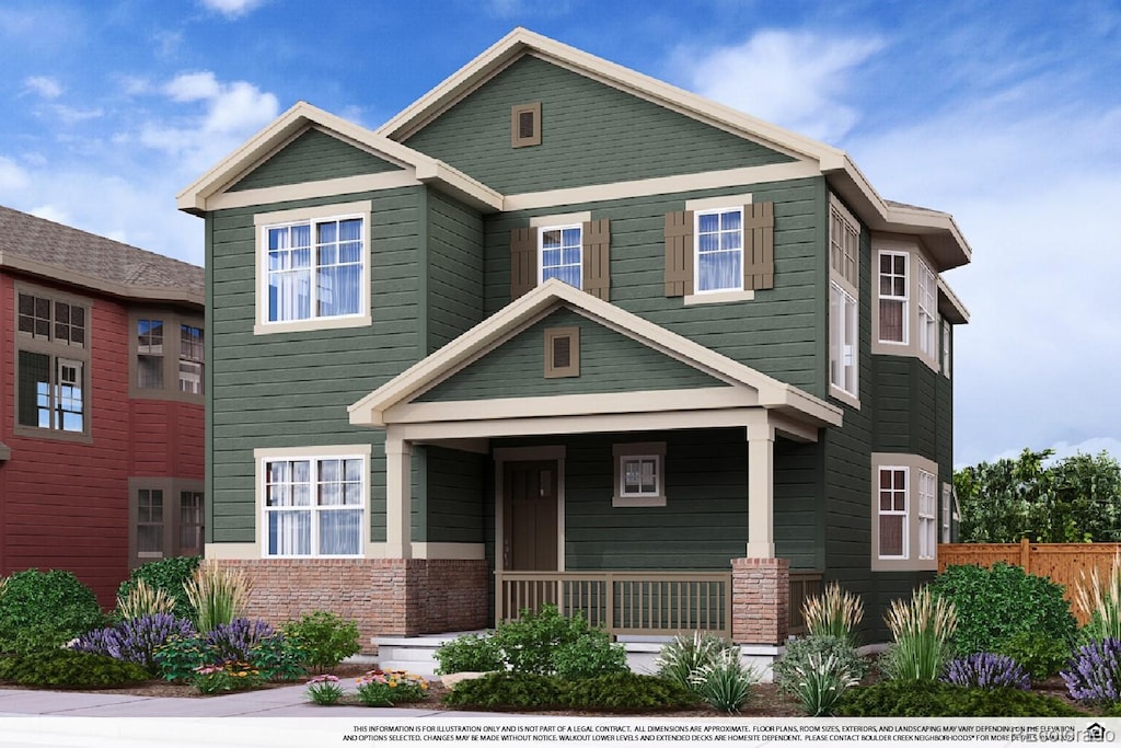 craftsman-style house with covered porch, brick siding, and fence