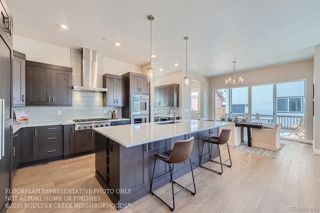 kitchen featuring a sink, light wood-style floors, wall chimney range hood, appliances with stainless steel finishes, and tasteful backsplash