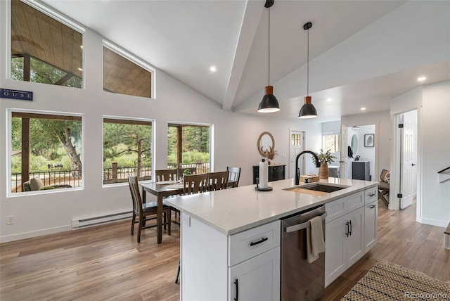 kitchen with stainless steel dishwasher, sink, high vaulted ceiling, white cabinets, and hanging light fixtures