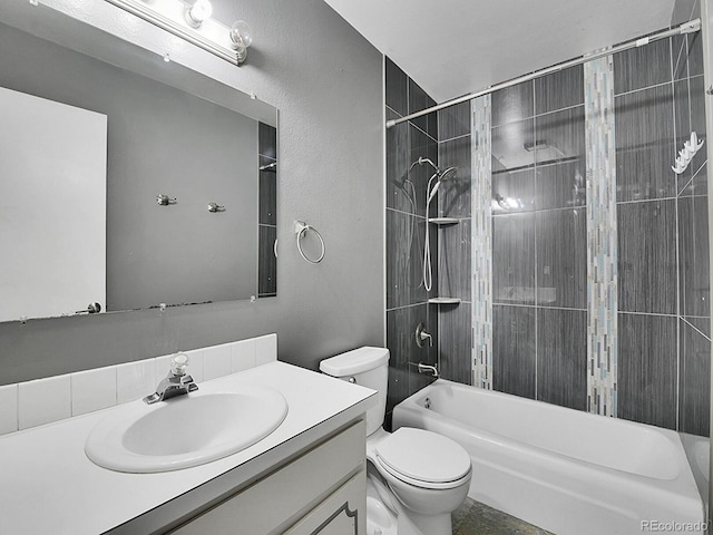 full bathroom with vanity, shower / bathtub combination with curtain, and toilet