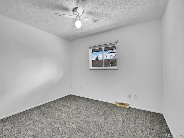 unfurnished room featuring carpet, a textured ceiling, and ceiling fan