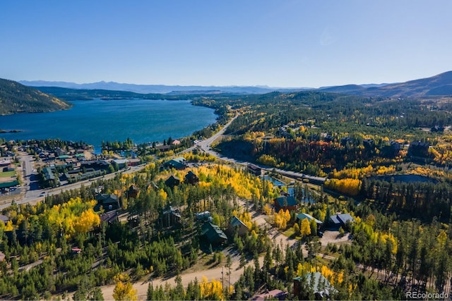 birds eye view of property with a water and mountain view