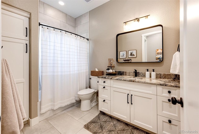 31455 Half Peak Trl, Pine, CO 80470 - bathroom with toilet, vanity, tile patterned flooring, and shower / bathtub combination with curtain