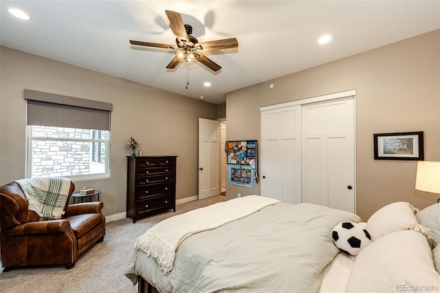 31455 Half Peak Trl, Pine, CO 80470 - bedroom featuring light carpet, a closet, recessed lighting, baseboards, and a ceiling fan