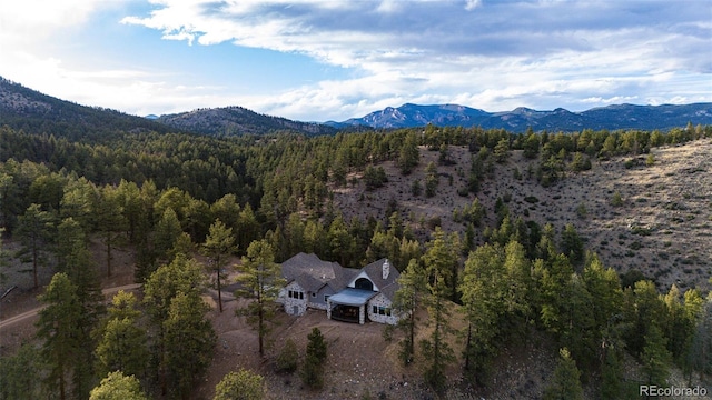 31455 Half Peak Trl, Pine, CO 80470 - aerial view of property and surrounding area with a heavily wooded area and a mountainous background
