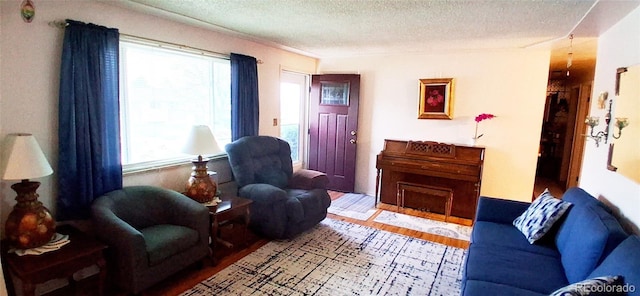 8338 Charles Way, Denver, CO 80221 - living area with a textured ceiling, plenty of natural light, and wood finished floors