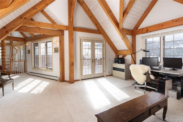 office area with carpet floors, a baseboard radiator, lofted ceiling with beams, and french doors