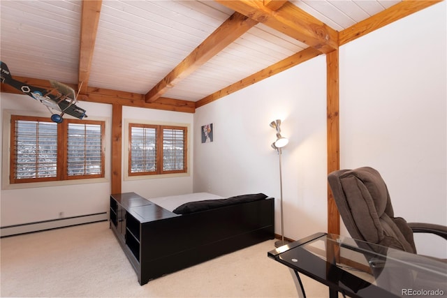 carpeted bedroom with wooden ceiling, beamed ceiling, and baseboard heating