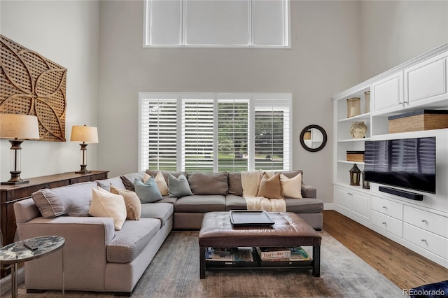 9669 E Prentice Cir, Greenwood Village, CO 80111 - living area featuring a towering ceiling and wood finished floors