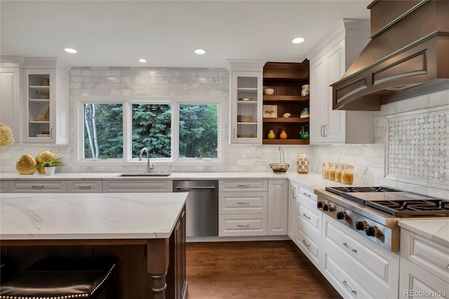 9669 E Prentice Cir, Greenwood Village, CO 80111 - kitchen with appliances with stainless steel finishes, custom exhaust hood, a sink, white cabinets, and recessed lighting