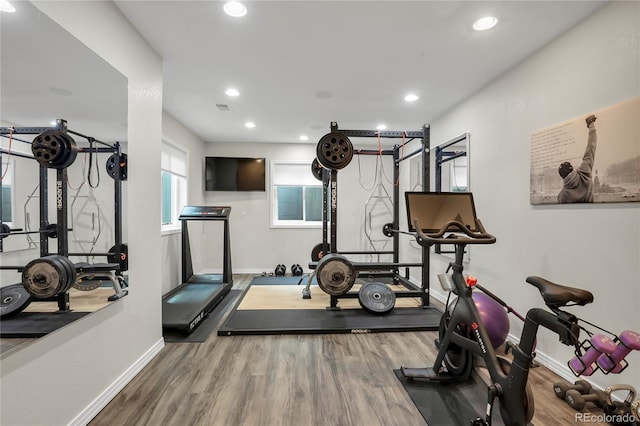 9669 E Prentice Cir, Greenwood Village, CO 80111 - workout area featuring baseboards, wood finished floors, and recessed lighting