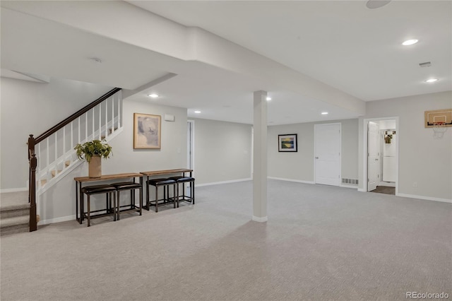 9669 E Prentice Cir, Greenwood Village, CO 80111 - finished basement with stairway, recessed lighting, carpet floors, and baseboards