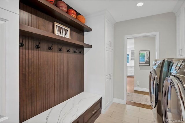 9669 E Prentice Cir, Greenwood Village, CO 80111 - mudroom with washer and clothes dryer, baseboards, and recessed lighting