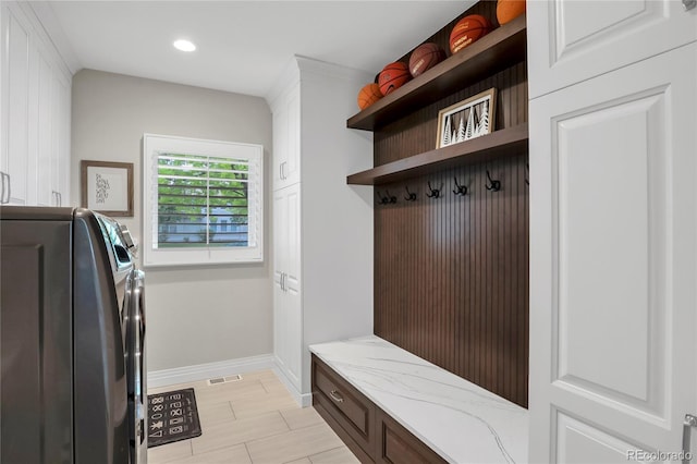 9669 E Prentice Cir, Greenwood Village, CO 80111 - mudroom featuring separate washer and dryer, baseboards, and recessed lighting