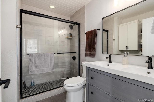 bathroom featuring tile patterned floors, vanity, toilet, and a shower with door