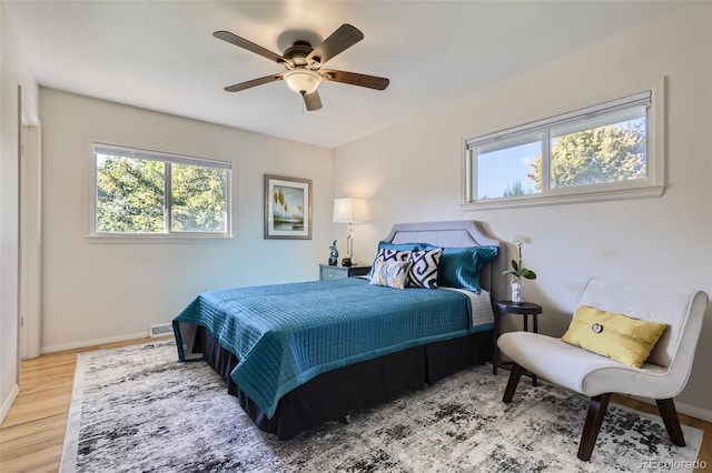 bedroom with ceiling fan and wood-type flooring