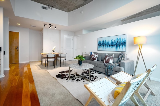 1700 Bassett St Unit 1119, Denver, CO 80202 - living area with track lighting, baseboards, wood finished floors, recessed lighting, and carpet floors