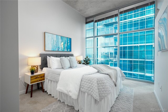 1700 Bassett St Unit 1119, Denver, CO 80202 - bedroom featuring light colored carpet, floor to ceiling windows, and baseboards
