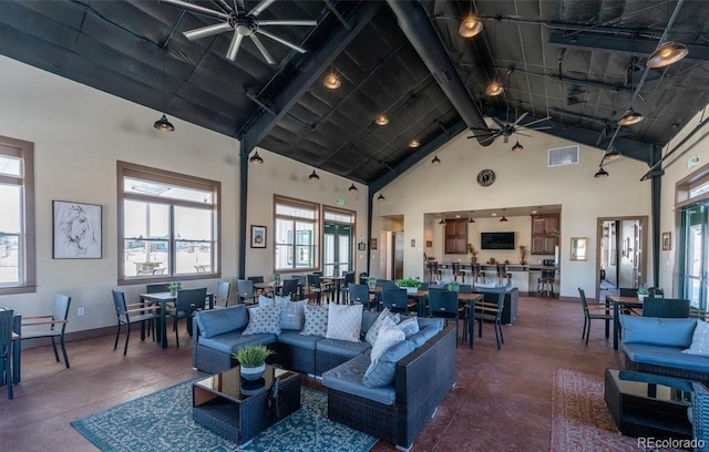 6214 Long Branch Dr, Parker, CO 80134 - living area featuring ceiling fan, a wealth of natural light, high vaulted ceiling, and visible vents